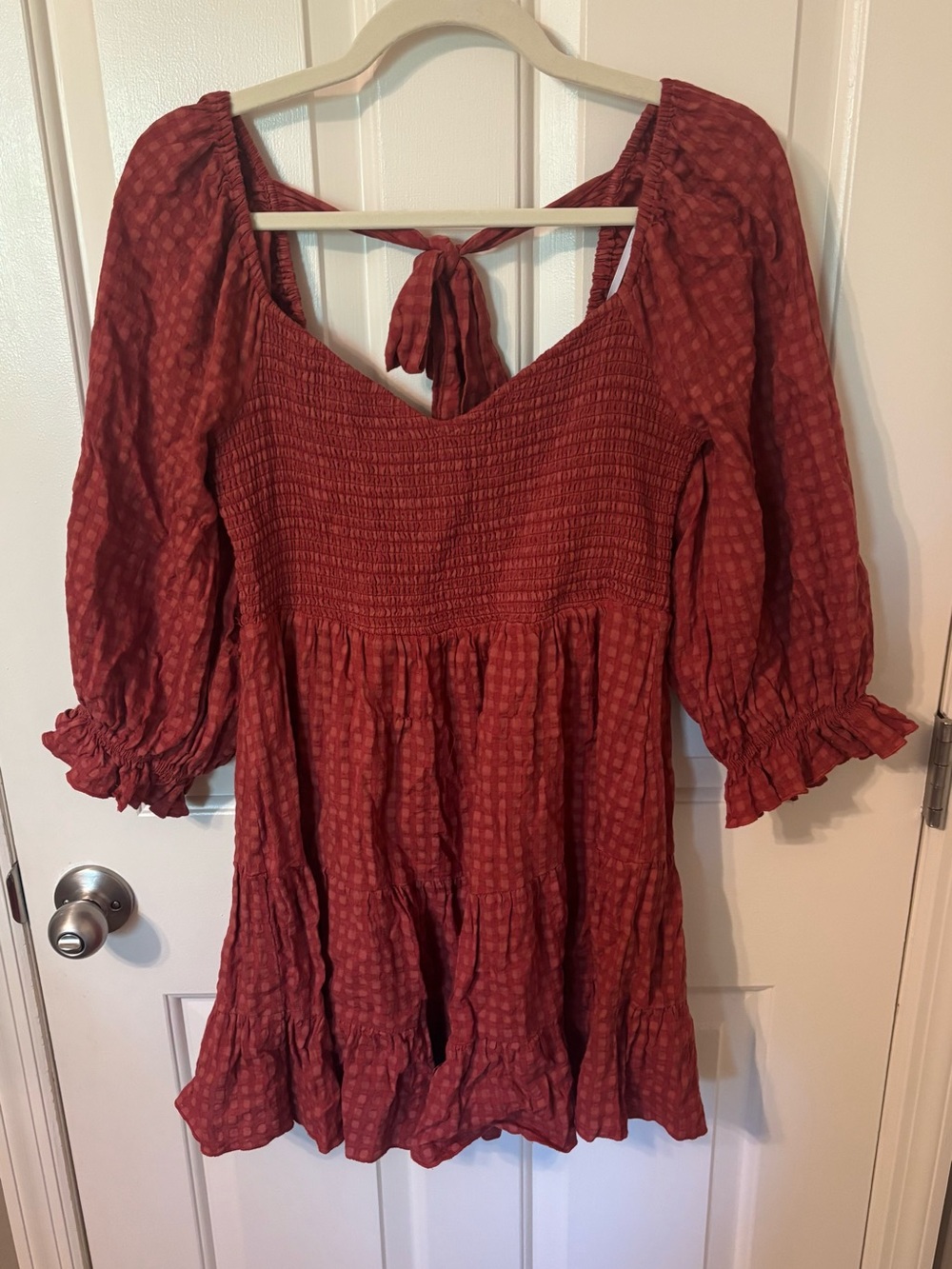 Lulu's Rust Red Smocked Peasant Dress with Bow Back and Puff Sleeves - L